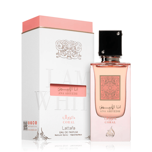 Experience Lattafa Ana Abiyedh Coral. A vibrant unisex fragrance featuring juicy peach, refreshing watermelon, and creamy coconut. The ultimate summer holiday scent.