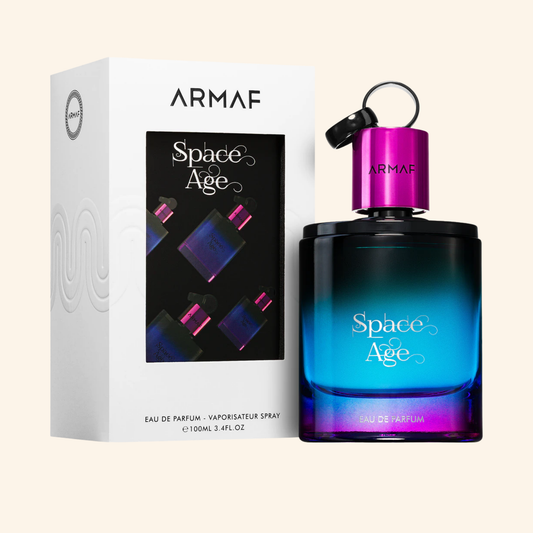 Armaf Space Age perfume bottle and packaging on a beige background. Discover Armaf Space Age 100ml. A modern men's EDP blending bergamot, rose, jasmine, patchouli & vanilla. A sophisticated unisex scent. Shop now at Nurabliss!