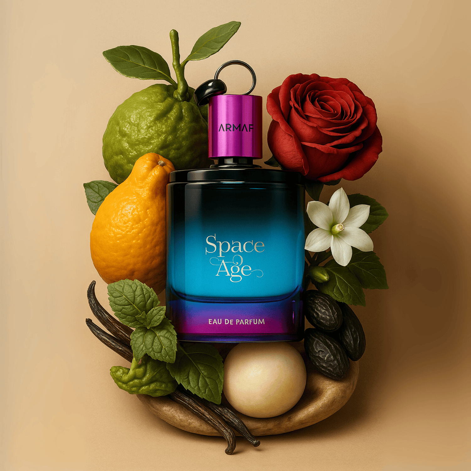 ARMAF Space Age perfume bottle surrounded by fruits, flowers, and leaves on a beige background. Discover Armaf Space Age 100ml. A modern men's EDP blending bergamot, rose, jasmine, patchouli & vanilla. A sophisticated unisex scent. Shop now at Nurabliss!
