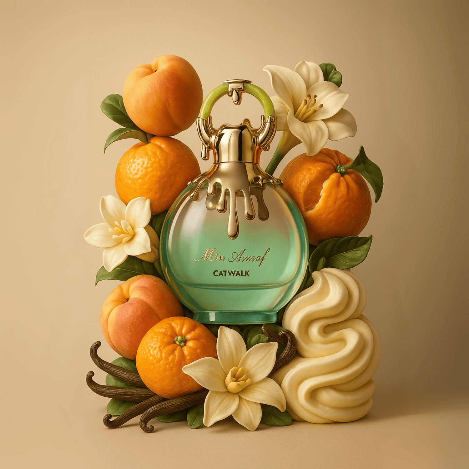 Perfume bottle with fruits and flowers on a beige background.Discover Armaf Miss Armaf Catwalk UK. A bold women's EDP with citrus, peach, vanilla, musk & ambroxan. A stunning J'adore alternative. Shop now at Nurabliss!