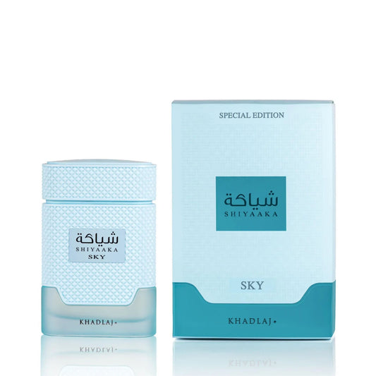 Shop Khadlaj Shiyaaka Sky 100ml EDP. A crisp, refreshing blend of bergamot, herbal notes, orange blossom, and white musk. Long-lasting daytime luxury.
