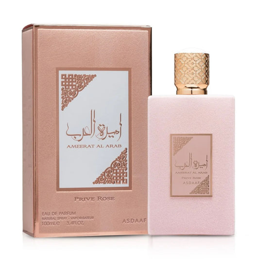 Shop Asdaaf Ameerat Al Arab Prive Rose 100ml EDP by Lattafa. A captivating blend of juicy strawberry, rose, jasmine, tonka bean, and warm amber.