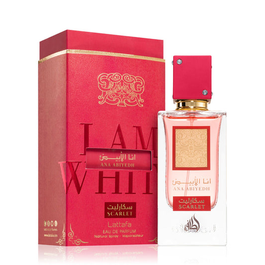 Shop Lattafa Ana Abiyedh Scarlet Perfume for Women. A seductive black cherry, white rose, and crystal caramel sugar. Long-lasting, sweet, and sophisticated.