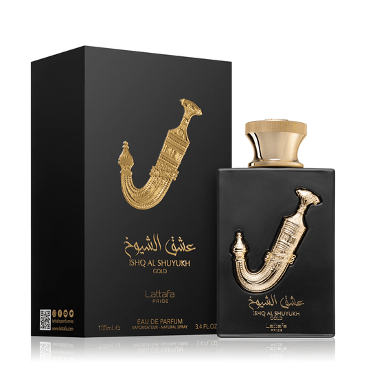 Discover Lattafa Pride Ishq Al Shuyukh Gold. A luxurious unisex fragrance featuring caramel, saffron, and suede leather. Deep, warm, and opulent. Shop now.