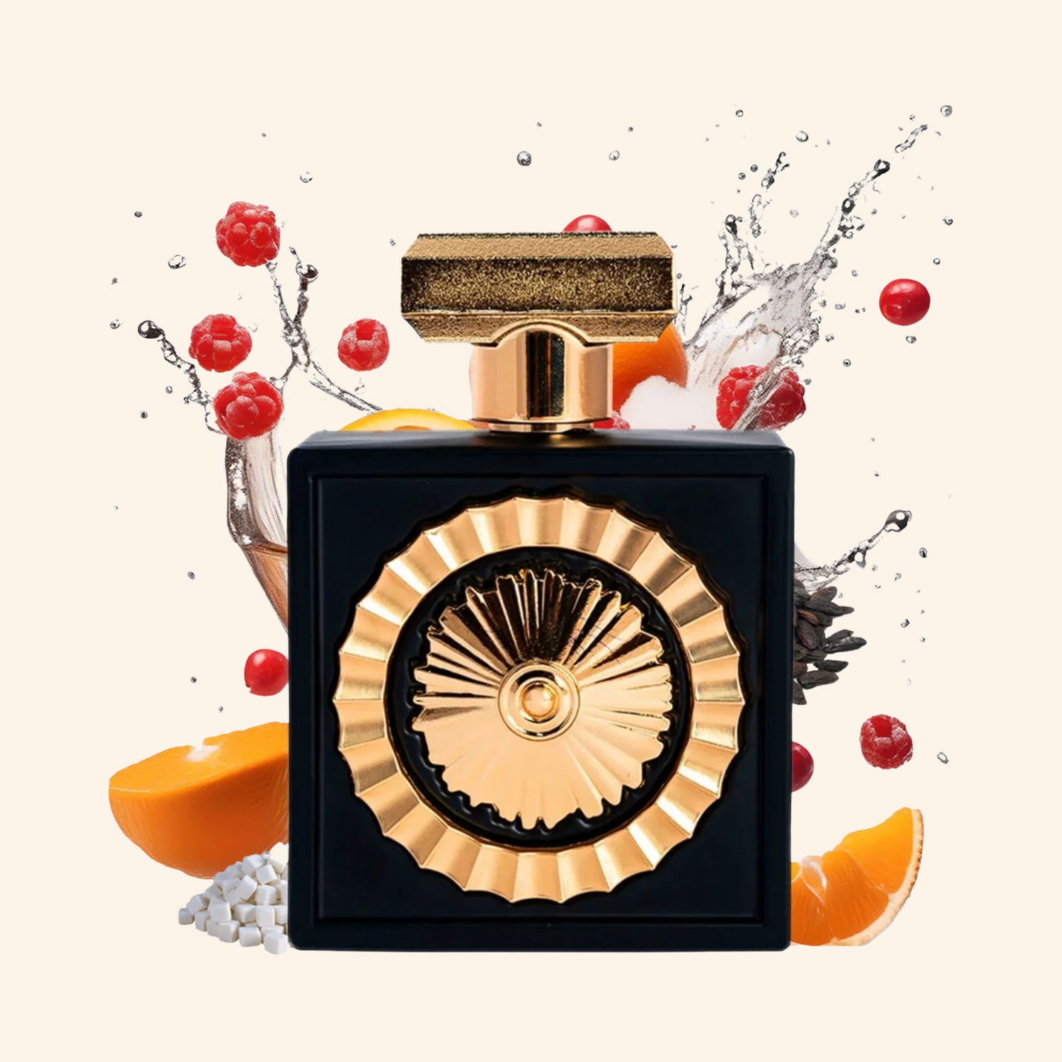 Perfume bottle with gold cap and black body, surrounded by fruits and water droplets on a white background. Discover Lattafa Pride Nebras UK. A cosy unisex gourmand EDP with red berries, vanilla, cacao & tonka bean. Sunning Eilish alternative. Shop now at Nurabliss!