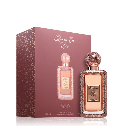 Shop Lattafa Queen Of Roses Perfume for Women. A blend of pink pepper, saffron, and velvet rose. Long-lasting, sophisticated, and regal fragrance for her.