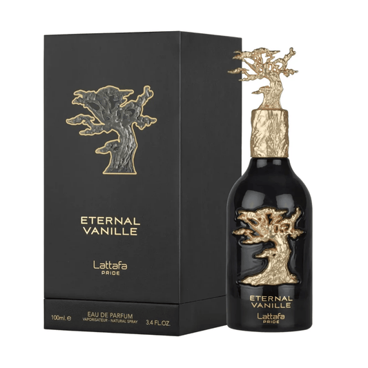 Eternal Vanille perfume bottle and packaging with gold tree design on a white background