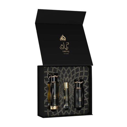 Experience the ultimate luxury with Lattafa Teriaq Intense Gift Set. A boozy blend of plum liquor, warm cinnamon & amber. 10–12 hour performance.