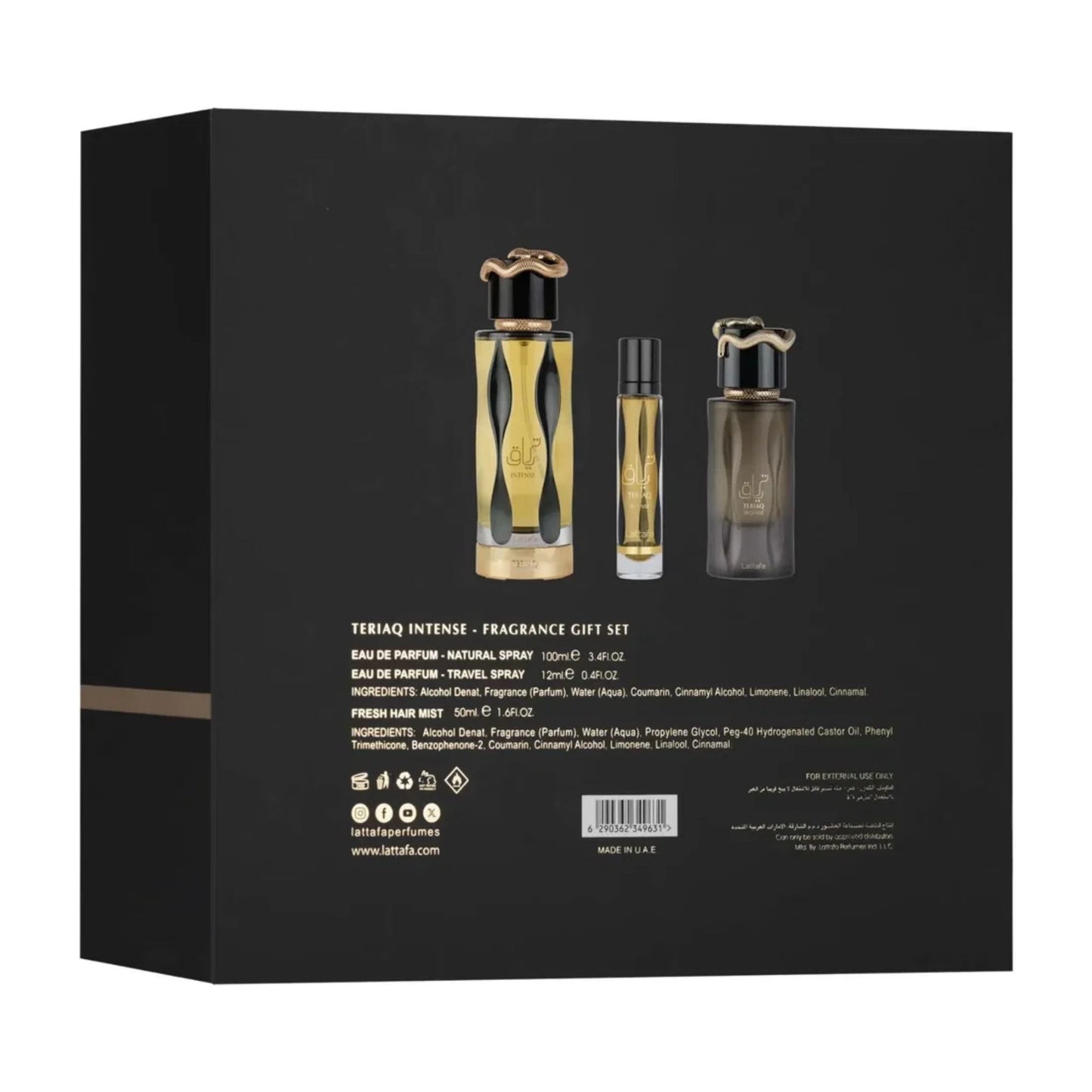 Experience the ultimate luxury with Lattafa Teriaq Intense Gift Set. A boozy blend of plum liquor, warm cinnamon & amber. 10–12 hour performance.