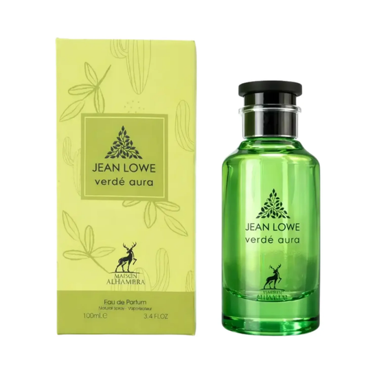 Experience Maison Alhambra Jean Lowe Verde Aura. A vibrant blend of fresh mint, juicy apricot, and sweet fig. Long-lasting, refreshing unisex fragrance.