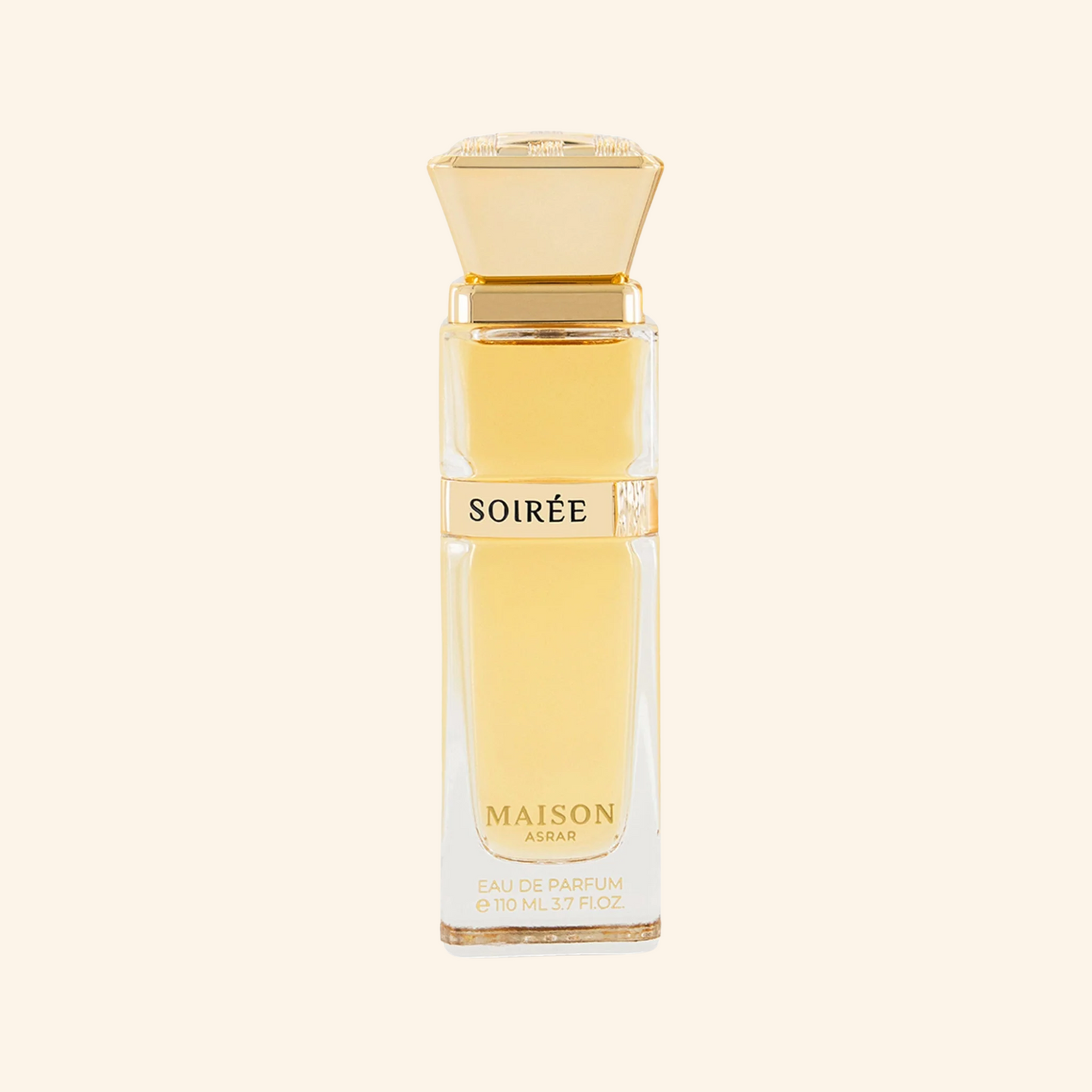 Perfume bottle labeled 'Soirée' by Maison Asrar on a white background. Discover Maison Asrar Soiree UK. A decadent unisex EDP with praline, plum, caramel & an ambergris vibe. A stunning Eilish alternative. Shop now at Nurabliss!
