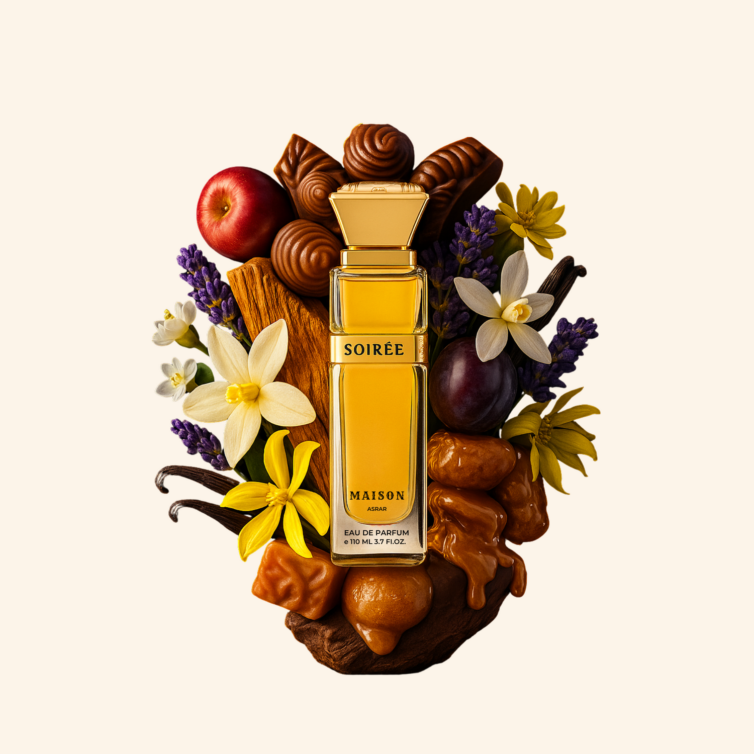 Perfume bottle labeled 'Soirée' surrounded by fruits, flowers, and chocolate on a beige background. Discover Maison Asrar Soiree UK. A decadent unisex EDP with praline, plum, caramel & an ambergris vibe. A stunning Eilish alternative. Shop now at Nurabliss!