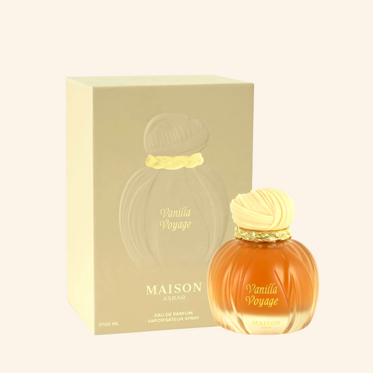 Maison Asrar Vanilla Voyage perfume bottle and packaging on a beige background
Discover Maison Asrar by Gulf Orchid Vanilla Voyage. A rich gourmand EDP with caramel, butter, honey & vanilla. Indulgent, sweet & cosy. Shop now at Nurabliss!