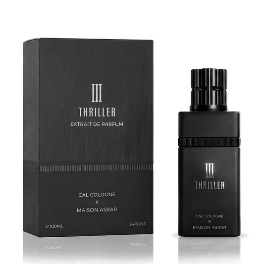 Experience the intensity of Maison Asrar X Cal Cologne III Thriller. A bold blend of saffron, leather, and incense. Long-lasting Extrait de Parfum for men.