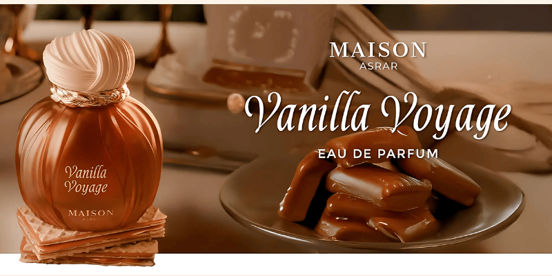 Banner of Maison Asrar by gulf orchid Vanilla Voyage perfume bottle with caramel candies on a table.