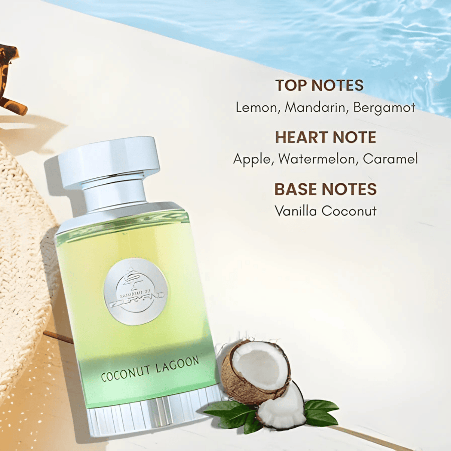 Perfume bottle labeled 'Coconut Lagoon' with coconut and beach background.Discover Paris Corner Coconut Lagoon UK. A tropical gourmand EDP with coconut, caramel, vanilla & watermelon. A Virgin Island Water alternative. Shop now!