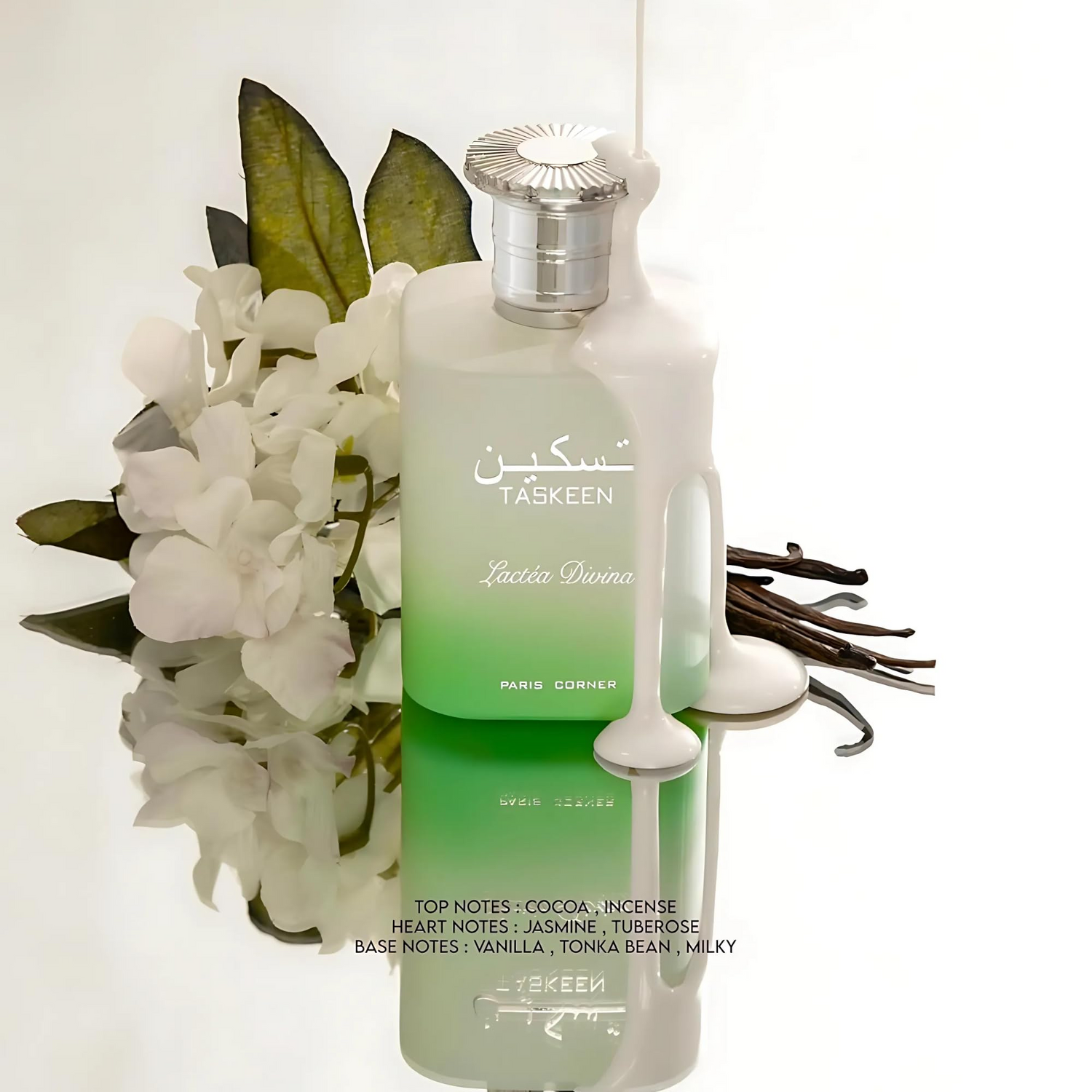Discover Paris Corner Taskeen Lactea Divina. Creamy milky floral EDP with tuberose, vanilla & cocoa. A divine Blanche Bete inspired vibe. Shop now at Nura bliss