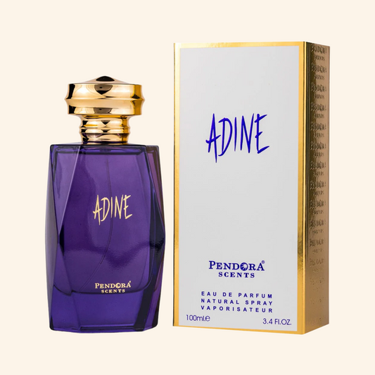 Purple perfume bottle with gold cap and matching box labeled 'Adine' by 'Pendora Scents' on a white background.
Discover Pendora Scents by paris corner Adine . An iconic women's EDP with jasmine, cashmere wood & white amber. A stunning Alien alternative. Shop now nurabliss!