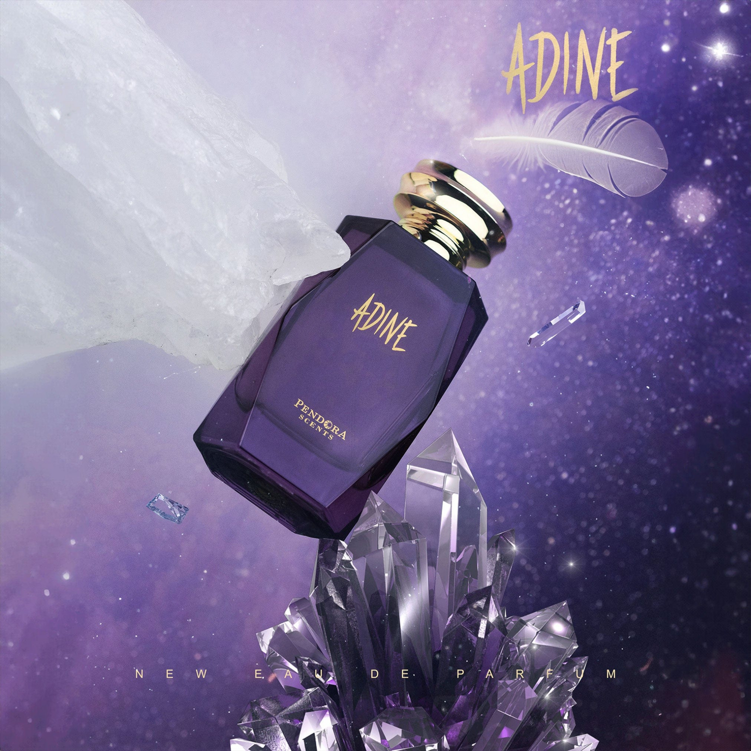 Purple perfume bottle with gold cap on a starry space-themed background, featuring the brand 'Adine'. Discover Pendora Scents by paris corner Adine . An iconic women's EDP with jasmine, cashmere wood & white amber. A stunning Alien alternative. Shop now nurabliss!