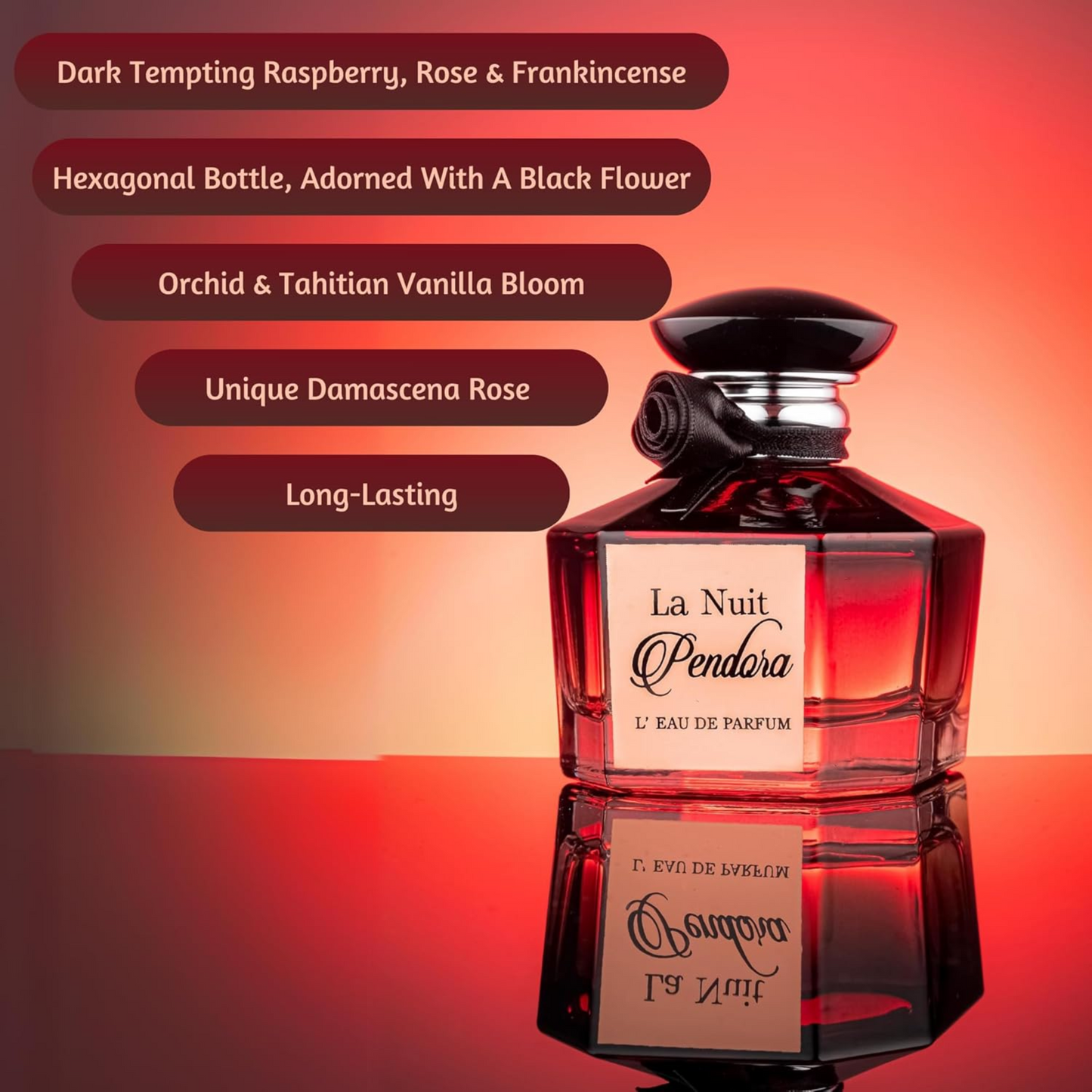Shop LA NUIT perfume for women by Pendora Scents. A sweet gourmand EDP, blending rose, vanilla, praline & incense. Long-lasting La Nuit Trésor alternative.