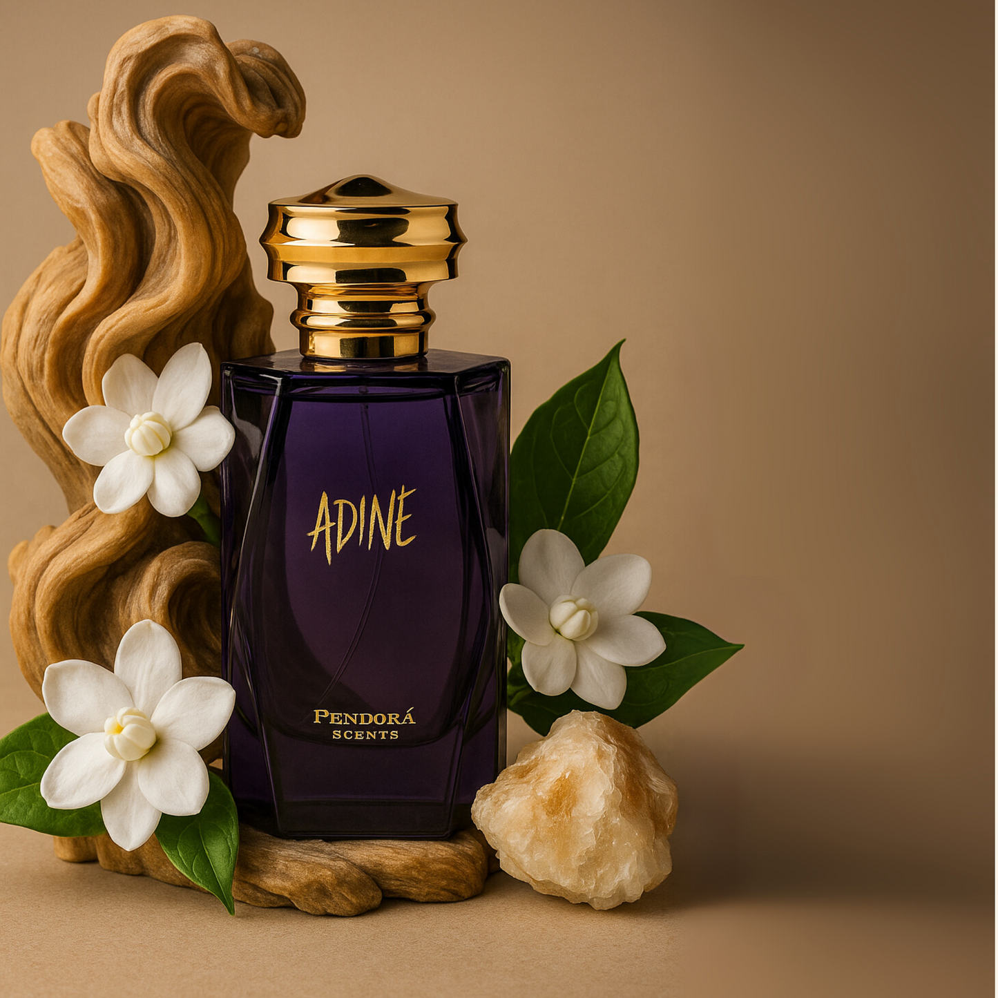 Perfume bottle labeled 'Adine' by Pendorá Scents with decorative elements on a beige background. Discover Pendora Scents by paris corner Adine . An iconic women's EDP with jasmine, cashmere wood & white amber. A stunning Alien alternative. Shop now nurabliss!