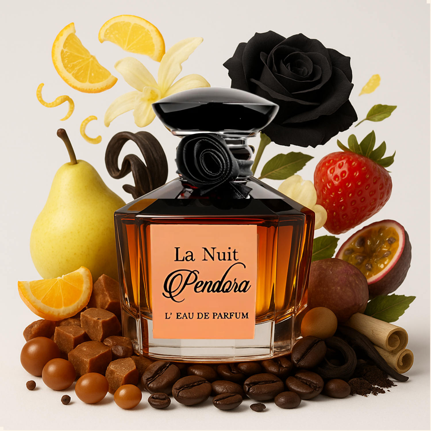 Shop LA NUIT perfume for women by Pendora Scents. A sweet gourmand EDP, blending rose, vanilla, praline & incense. Long-lasting La Nuit Trésor alternative.