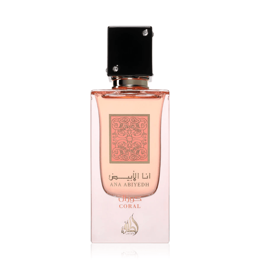 Experience Lattafa Ana Abiyedh Coral. A vibrant unisex fragrance featuring juicy peach, refreshing watermelon, and creamy coconut. The ultimate summer holiday scent.