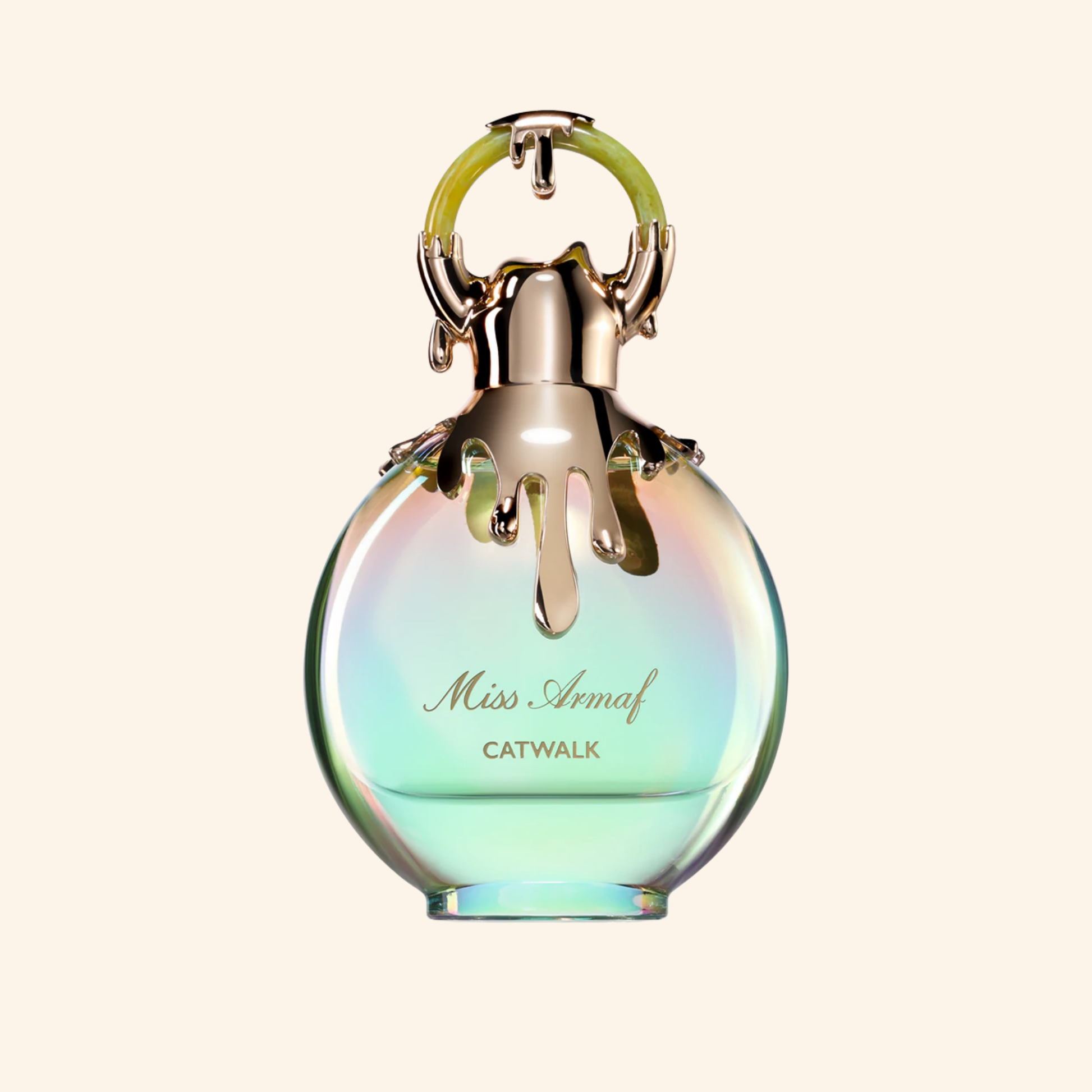 Miss Armaf Catwalk perfume bottle with gradient design on a light beige background. Discover Armaf Miss Armaf Catwalk UK. A bold women's EDP with citrus, peach, vanilla, musk & ambroxan. A stunning J'adore alternative. Shop now at Nurabliss!