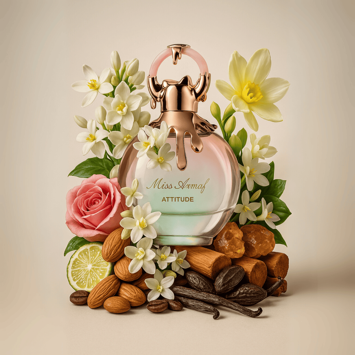 Perfume bottle with flowers and spices on a beige background. Armaf Miss Attitude 100ml Eau De Parfum for Women