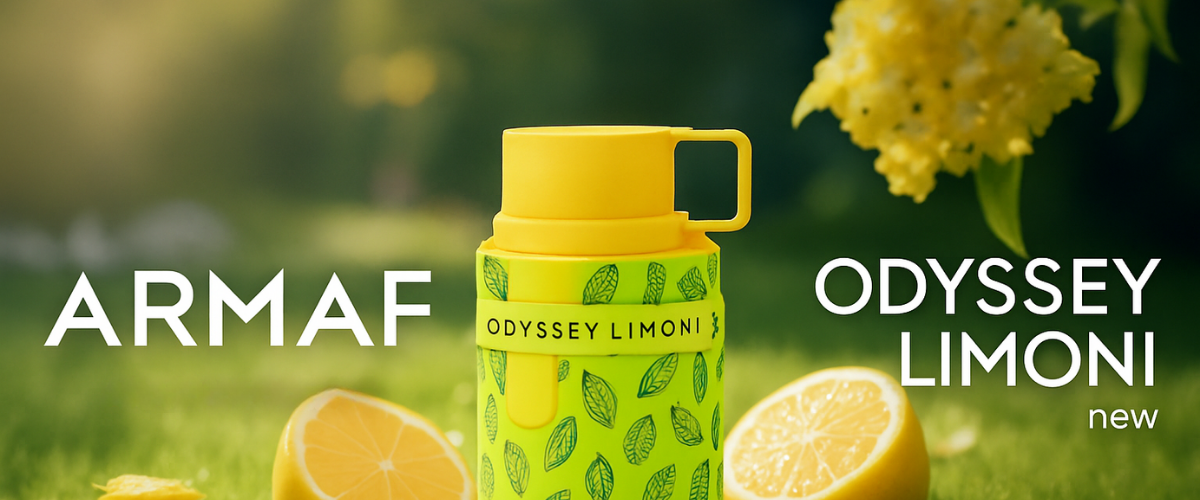 Green and yellow bottle labeled 'ODYSSEY LIMONI' by ARMAF with lemons and flowers in the background.
