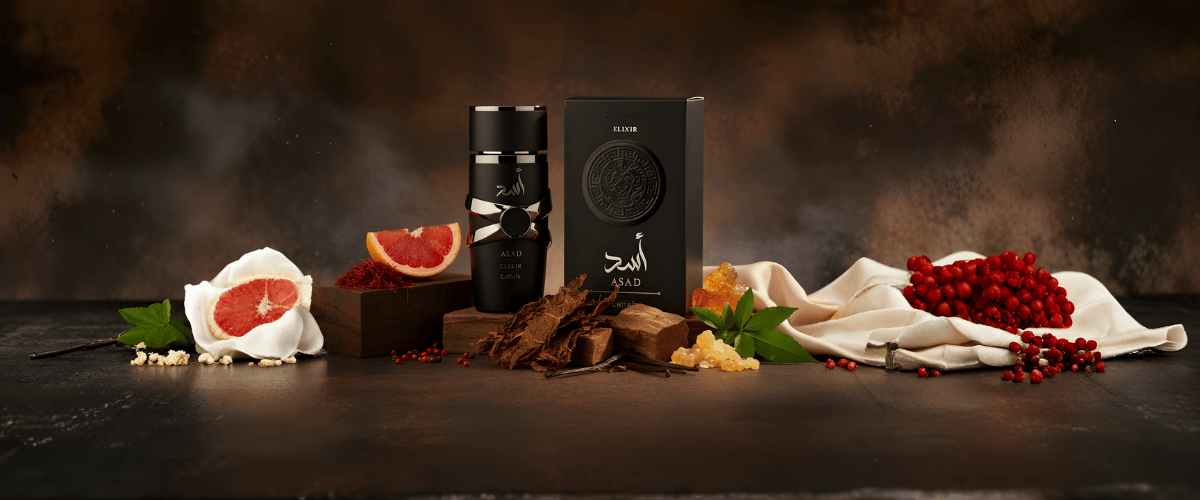 Dark-themed product display with decorative elements on a wooden surface
