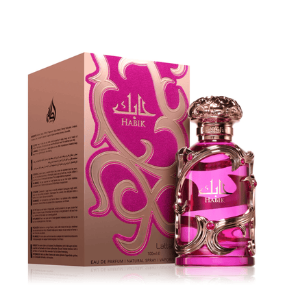 Discover Lattafa Habik UK. An elegant women's EDP with pear, bergamot, jasmine & musk. A stunning modern classic inspired by Dylan purple Shop now at NuraBliss