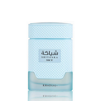 Shop Khadlaj Shiyaaka Sky 100ml EDP. A crisp, refreshing blend of bergamot, herbal notes, orange blossom, and white musk. Long-lasting daytime luxury.