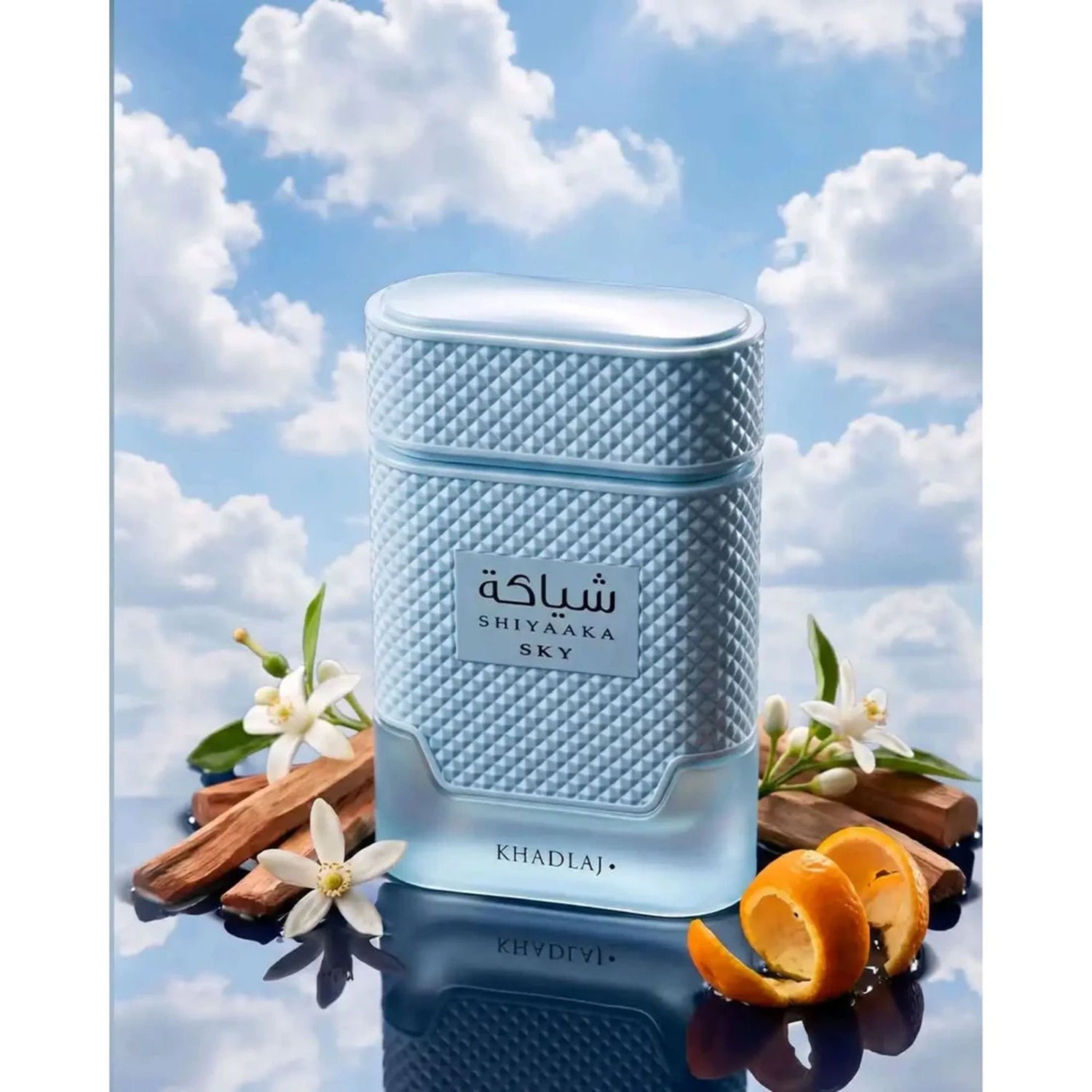 Shop Khadlaj Shiyaaka Sky 100ml EDP. A crisp, refreshing blend of bergamot, herbal notes, orange blossom, and white musk. Long-lasting daytime luxury.