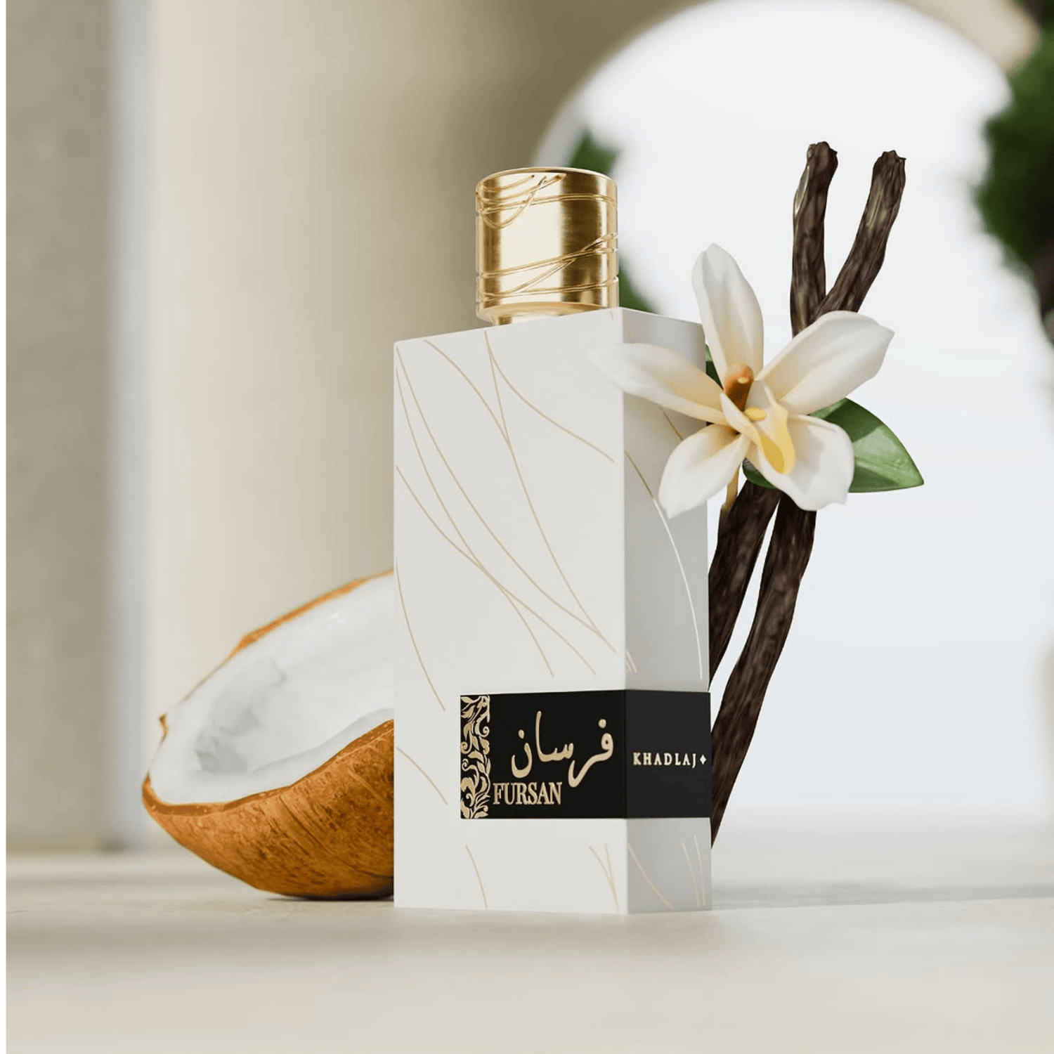 Shop Khadlaj Fursan White, a luxurious unisex perfume. Featuring creamy coconut, almond, and velvet musk. The ultimate long-lasting clean and cozy fragrance.