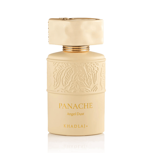 Experience Khadlaj Panache Angel Dust for Women. A decadent blend of rum, whipped cream, and vanilla. A long-lasting, creamy gourmand fragrance for luxury lovers.
