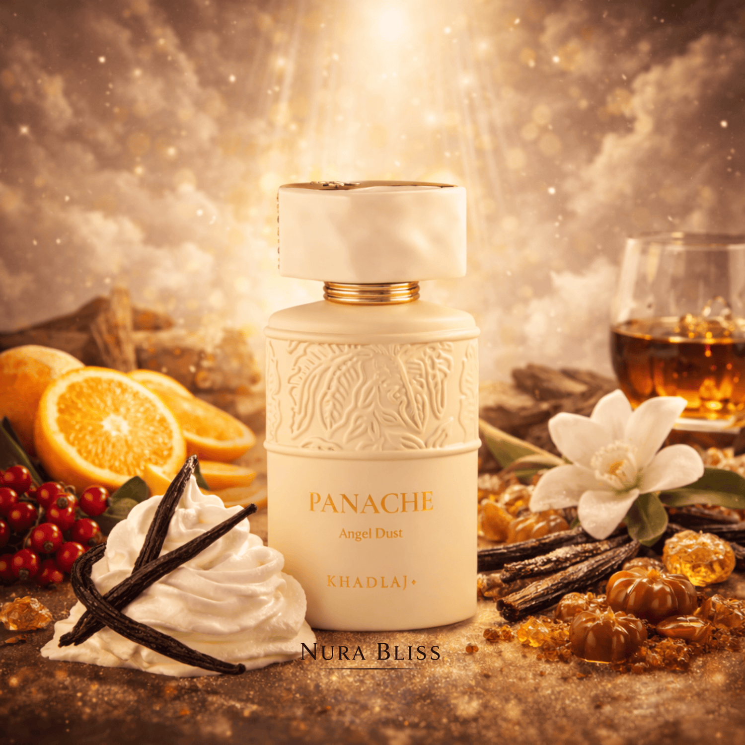 Experience Khadlaj Panache Angel Dust for Women. A decadent blend of rum, whipped cream, and vanilla. A long-lasting, creamy gourmand fragrance for luxury lovers.