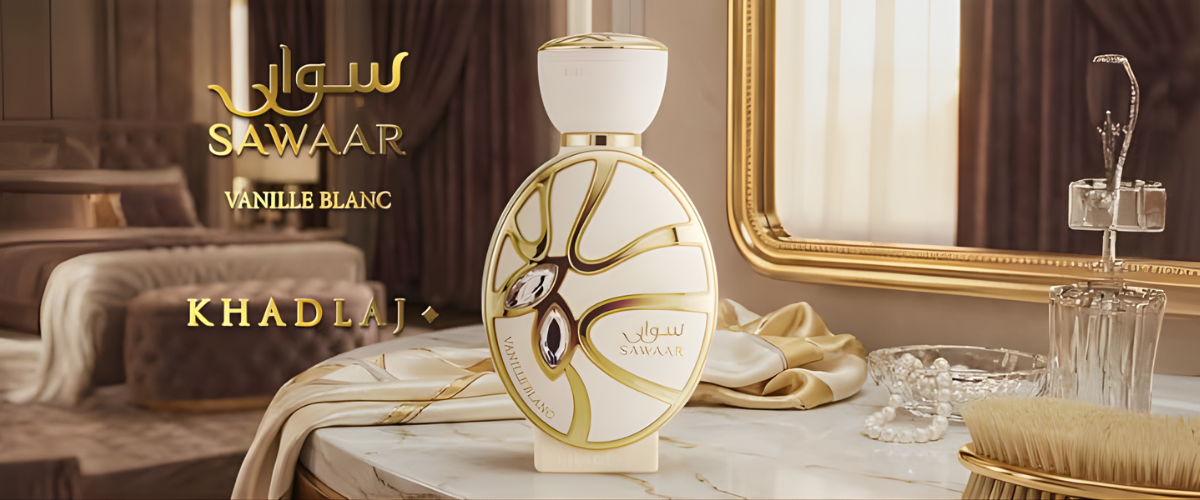 Sawaar Vanille Blanc perfume bottle on a table with decorative items in a luxurious setting