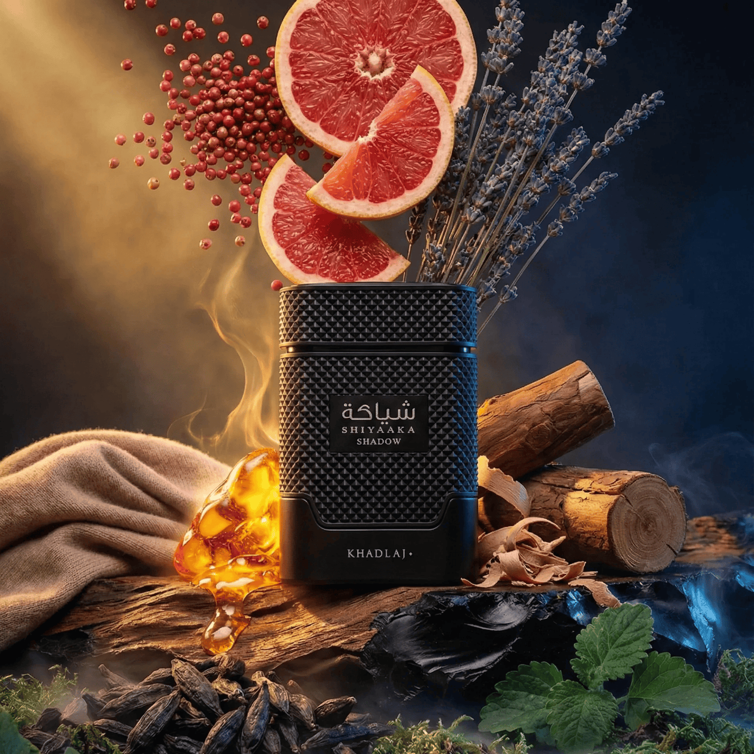Shop Khadlaj Shiyaaka Shadow for Men. A dark, sophisticated blend of pink pepper, cedarwood, and earthy moss. A powerful, long-lasting masculine fragrance.