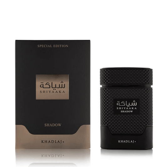 Shop Khadlaj Shiyaaka Shadow for Men. A dark, sophisticated blend of pink pepper, cedarwood, and earthy moss. A powerful, long-lasting masculine fragrance.