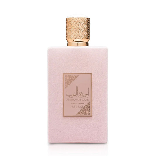 Shop Asdaaf Ameerat Al Arab Prive Rose 100ml EDP by Lattafa. A captivating blend of juicy strawberry, rose, jasmine, tonka bean, and warm amber.