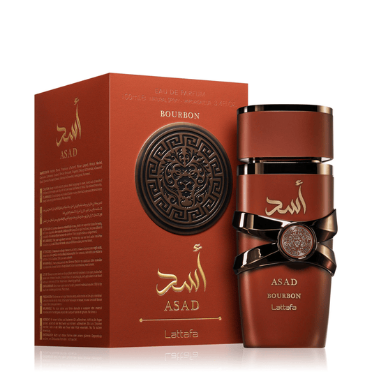 Discover Lattafa Asad Bourbon. A sophisticated men's fragrance featuring Mirabelle plum, cacao, and warm vanilla bourbon. Bold, smoky, and intensely masculine.