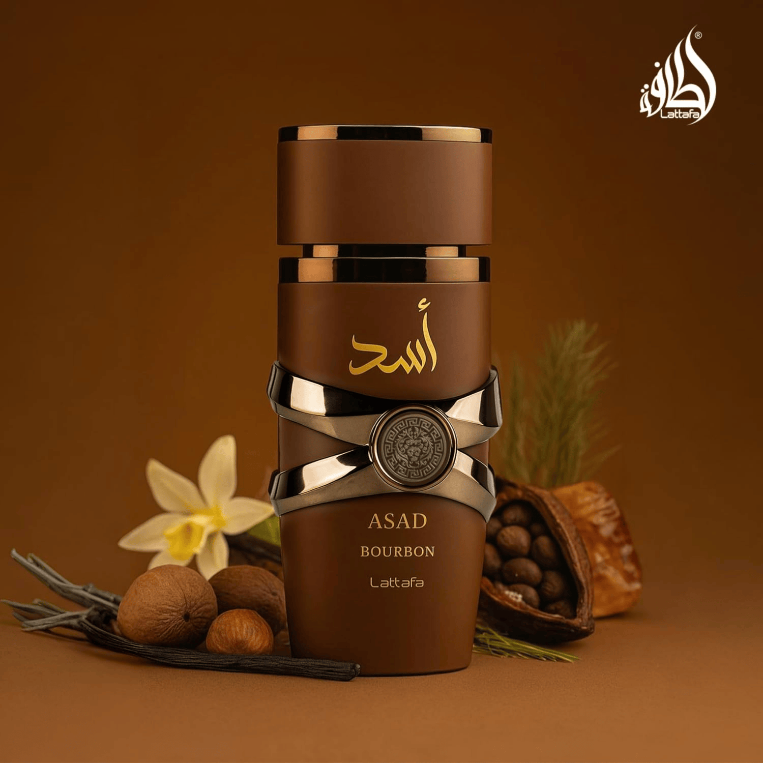 Discover Lattafa Asad Bourbon. A sophisticated men's fragrance featuring Mirabelle plum, cacao, and warm vanilla bourbon. Bold, smoky, and intensely masculine.
