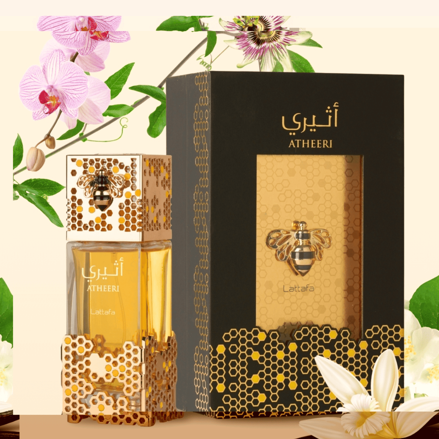 Atheeri perfume bottle and packaging with floral elements on a light background. Discover Lattafa Atheeri UK. An enchanting women's EDP with passionflower, jasmine, vanilla & amberwood. A stunning Flora Gorgeous Orchid alternative. Shop now!
