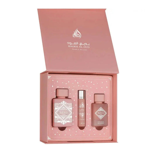 Shop Lattafa Badee Al Oud Noble Blush Gift Set. A dreamy, creamy blend of rose milk, sweet meringue, almond, and vanilla. Includes 100ml EDP, travel spray & hair mist.