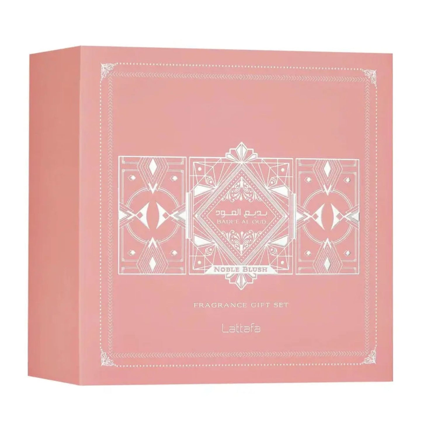 Shop Lattafa Badee Al Oud Noble Blush Gift Set. A dreamy, creamy blend of rose milk, sweet meringue, almond, and vanilla. Includes 100ml EDP, travel spray & hair mist.