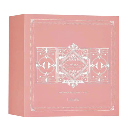 Shop Lattafa Badee Al Oud Noble Blush Gift Set. A dreamy, creamy blend of rose milk, sweet meringue, almond, and vanilla. Includes 100ml EDP, travel spray & hair mist.