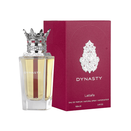 Discover Lattafa Dynasty perfume UK. A sophisticated unisex EDP blending raspberry, suede, nutmeg & rooibos tea. Warm, complex & modern. Shop now at Nura Bliss!