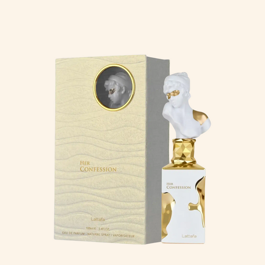 Buy now Lattafa Her Confession for Women. Captivating white floral EDP blending tuberose, incense and vanilla tonka. A sensual blanche betealternative.