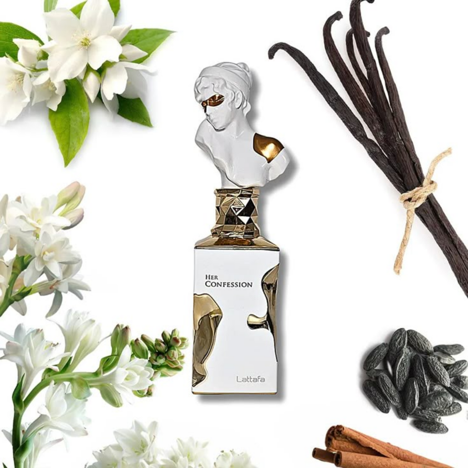 Buy now Lattafa Her Confession for Women. Captivating white floral EDP blending tuberose, incense and vanilla tonka. A sensual blanche betealternative.